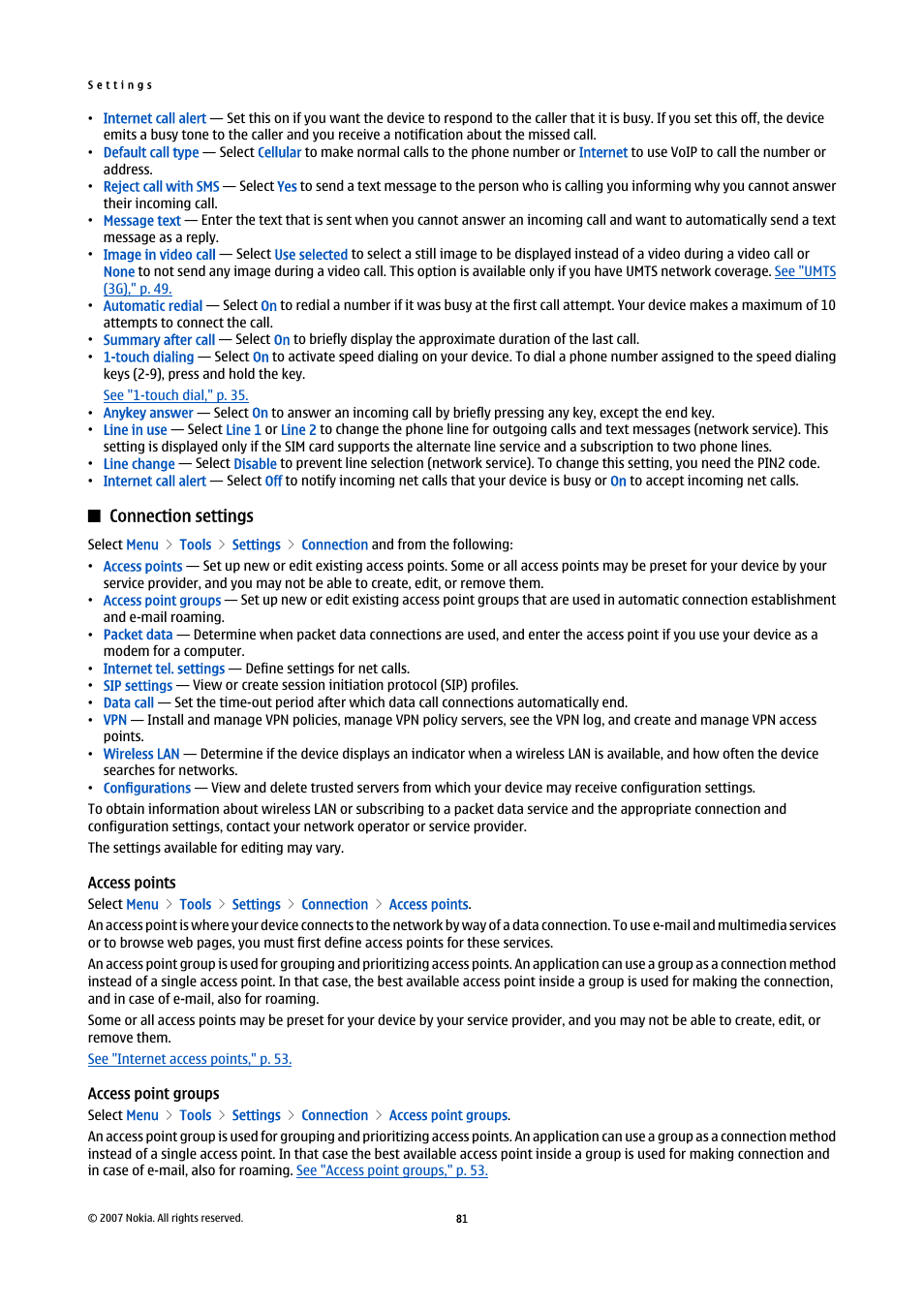 Connection settings, Access points, Access point groups | See "access points," p. 81 | Nokia E61i User Manual | Page 113 / 241