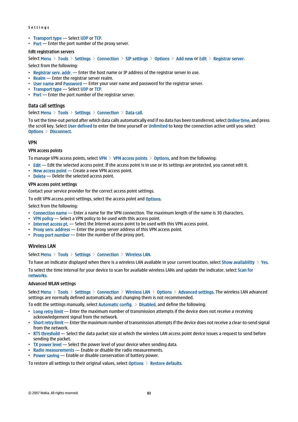 Edit registration servers, Data call settings, Vpn access points | Vpn access point settings, Wireless lan, Advanced wlan settings | Nokia E61i User Manual | Page 115 / 241