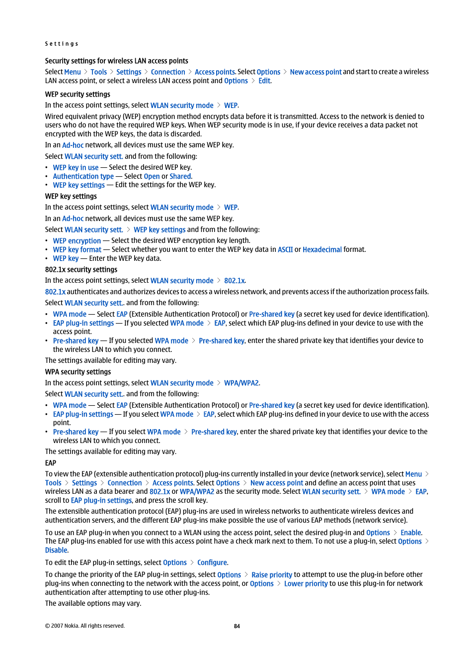 Security settings for wireless lan access points, Wep security settings, Wep key settings | 1x security settings, Wpa security settings | Nokia E61i User Manual | Page 116 / 241