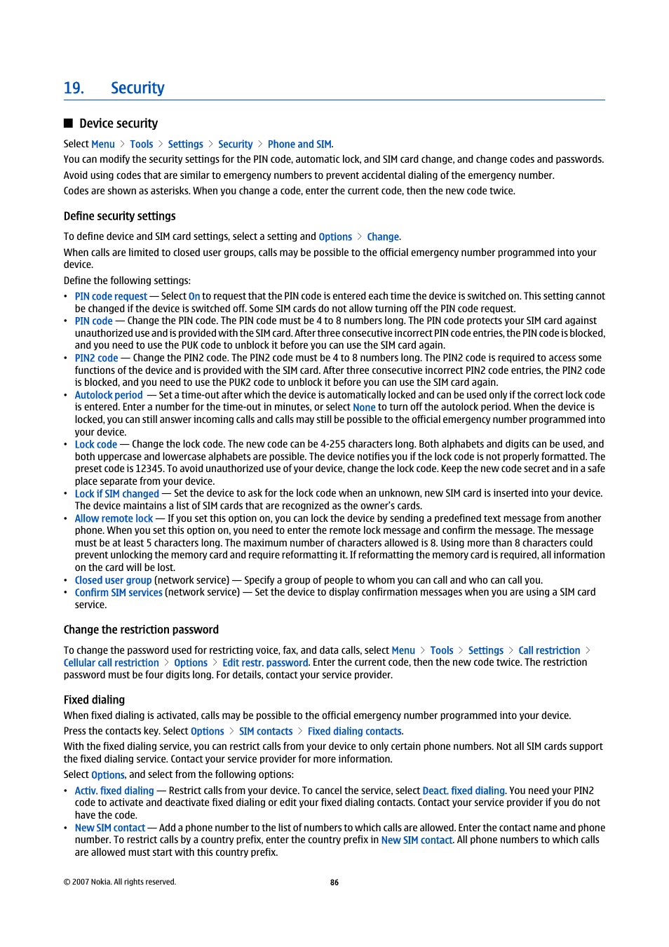 Security, Device security, Define security settings | Change the restriction password, Fixed dialing, See "define security settings," p. 86 | Nokia E61i User Manual | Page 118 / 241