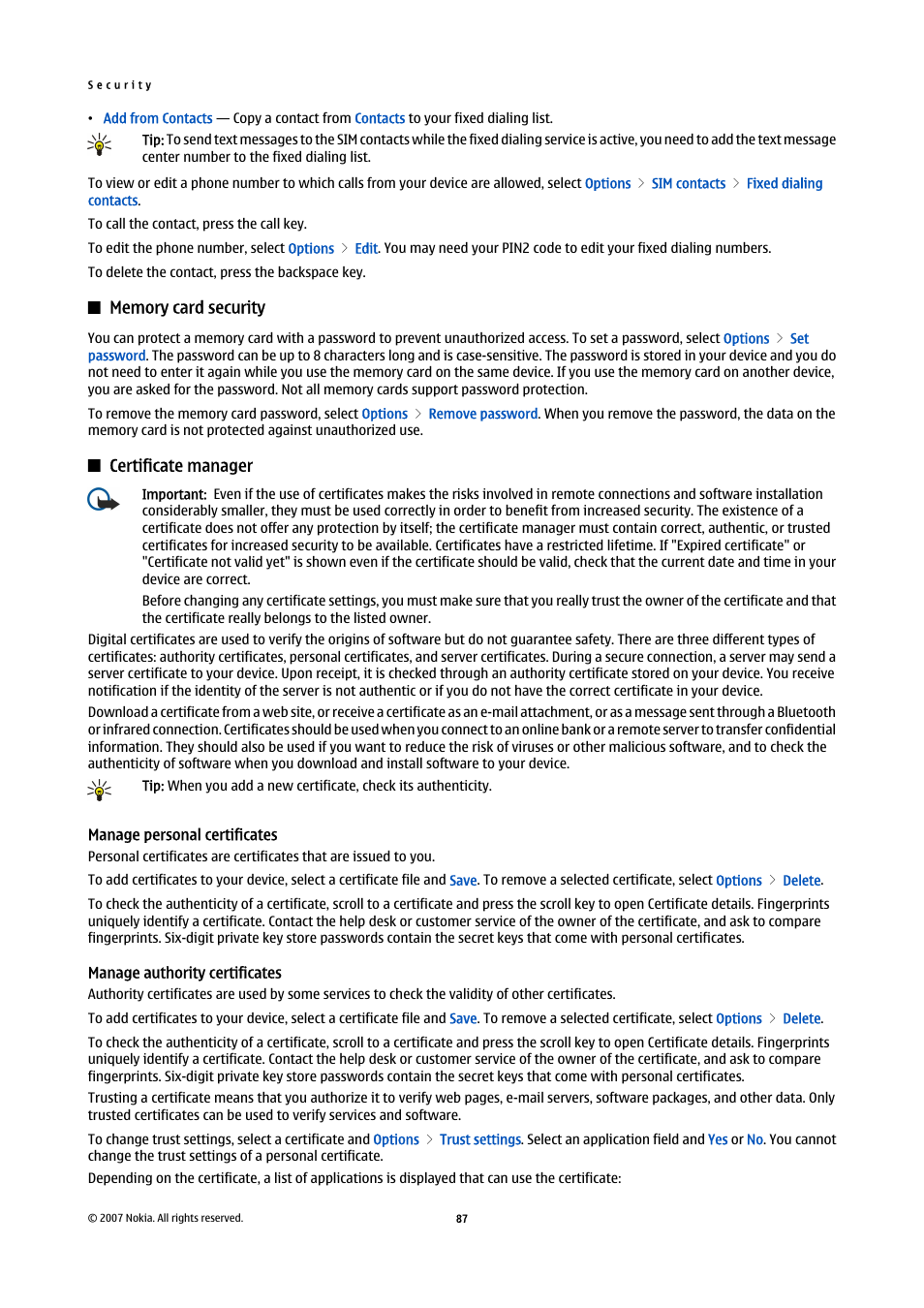 Memory card security, Certificate manager, Manage personal certificates | Manage authority certificates | Nokia E61i User Manual | Page 119 / 241