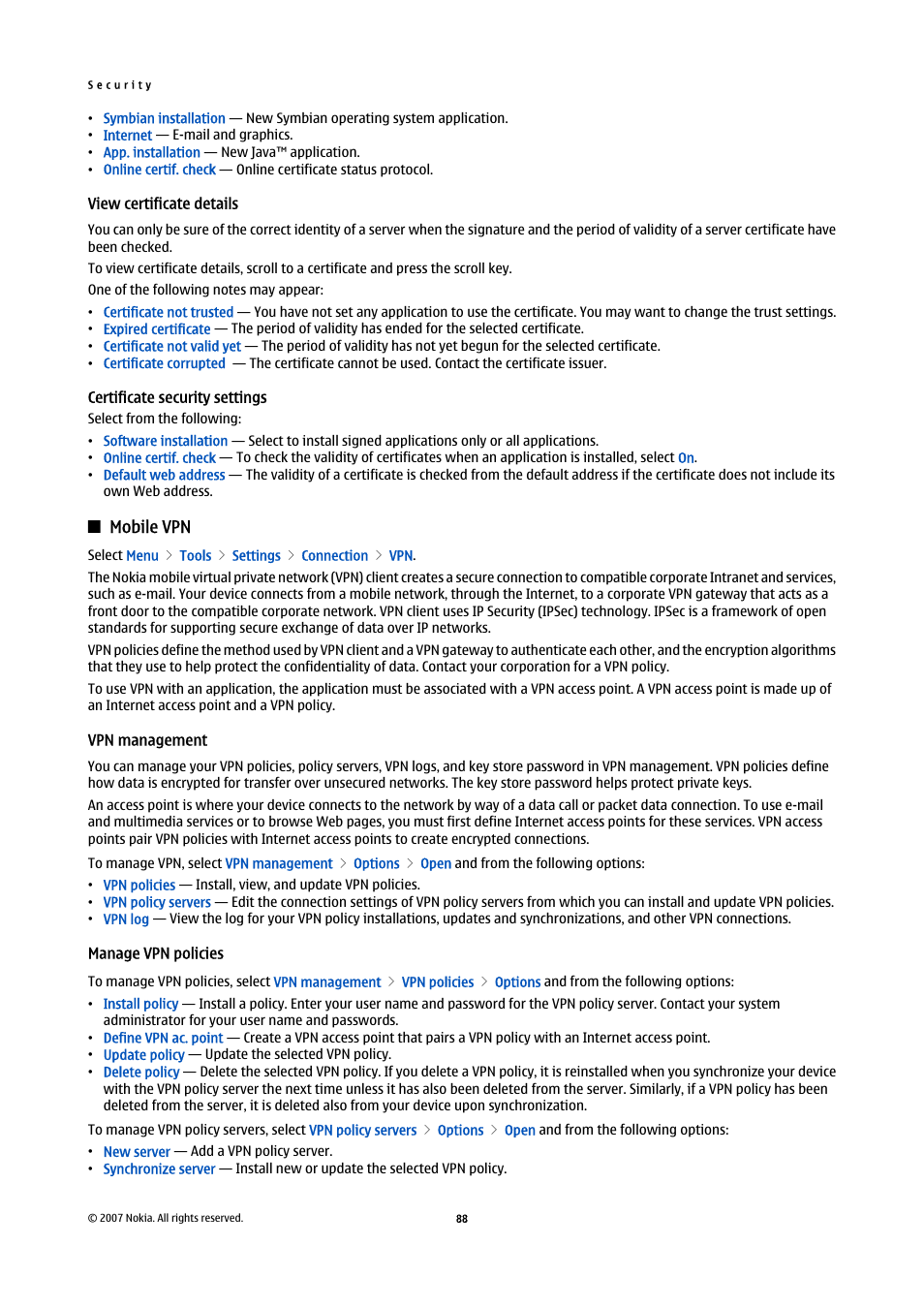 View certificate details, Certificate security settings, Mobile vpn | Vpn management, Manage vpn policies | Nokia E61i User Manual | Page 120 / 241