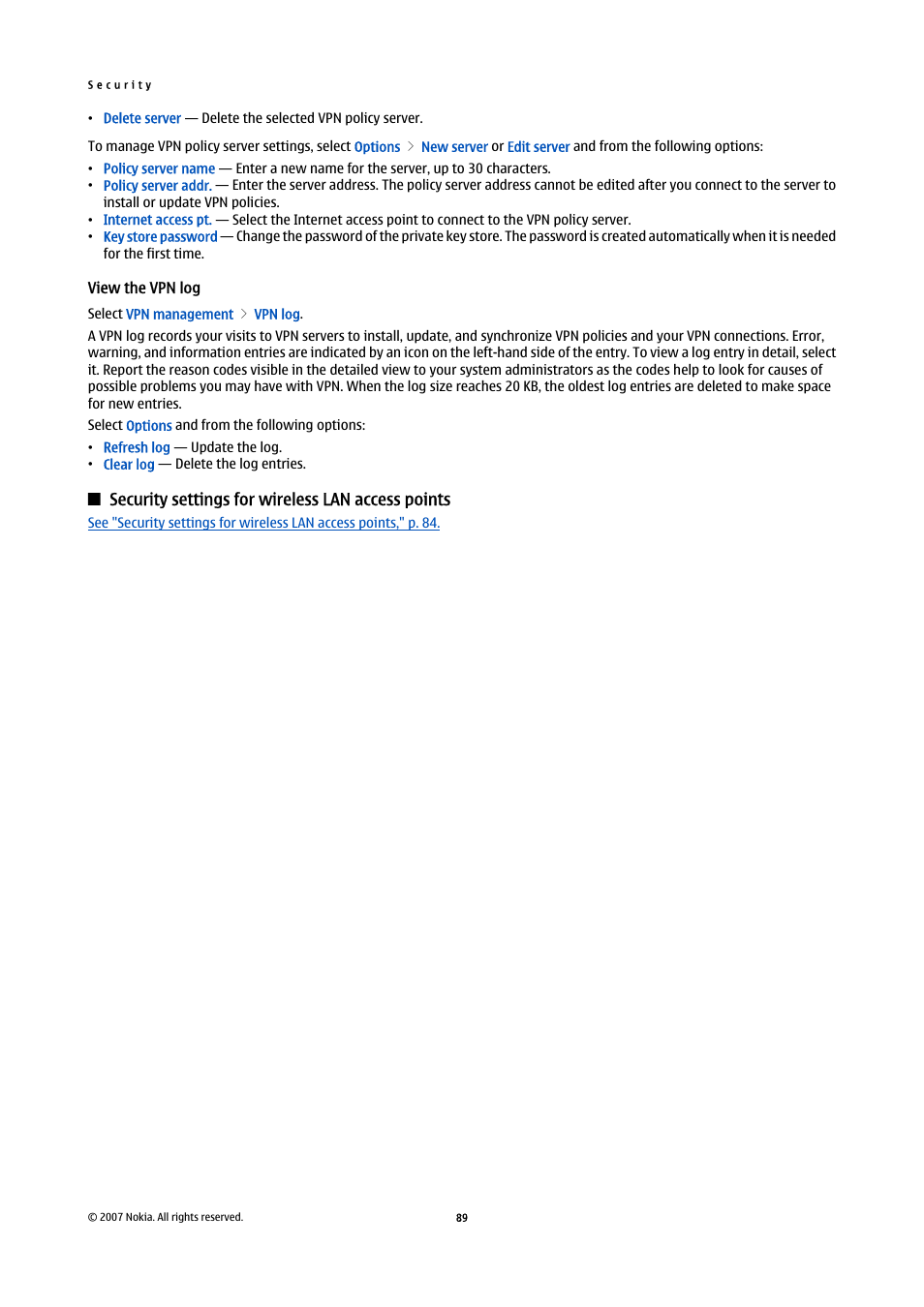 View the vpn log, Security settings for wireless lan access points | Nokia E61i User Manual | Page 121 / 241