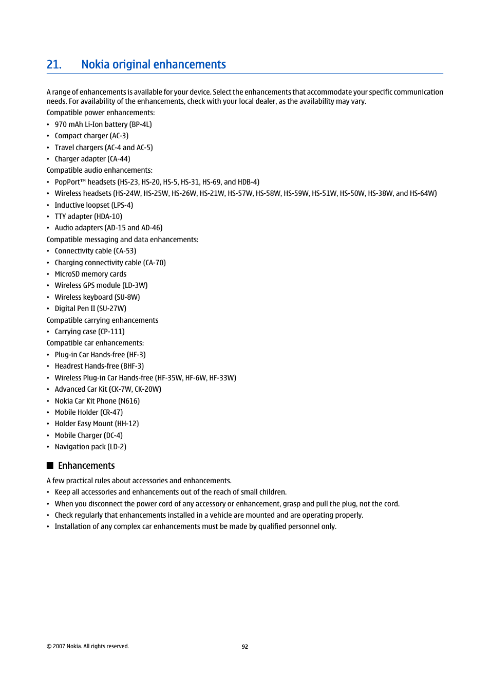 Nokia original enhancements, Enhancements | Nokia E61i User Manual | Page 124 / 241