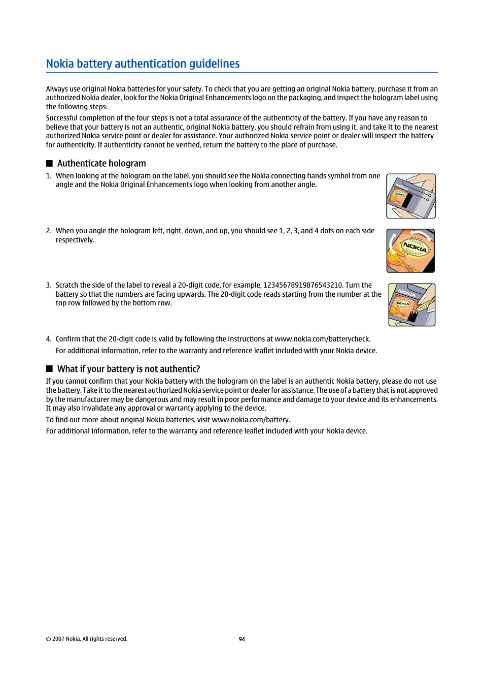 Nokia battery authentication guidelines, Authenticate hologram, What if your battery is not authentic | Nokia E61i User Manual | Page 126 / 241