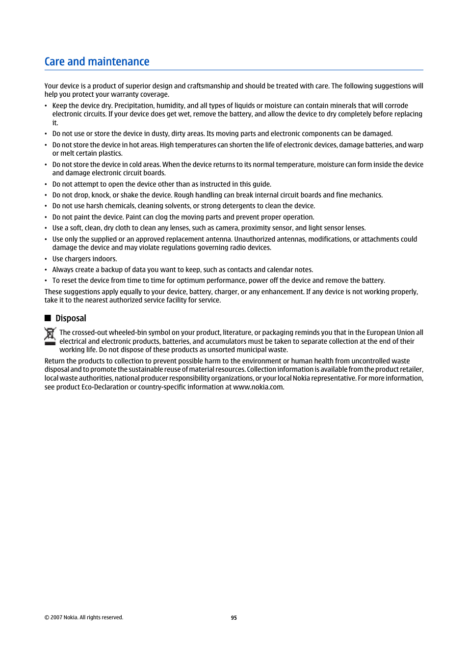 Care and maintenance, Disposal | Nokia E61i User Manual | Page 127 / 241