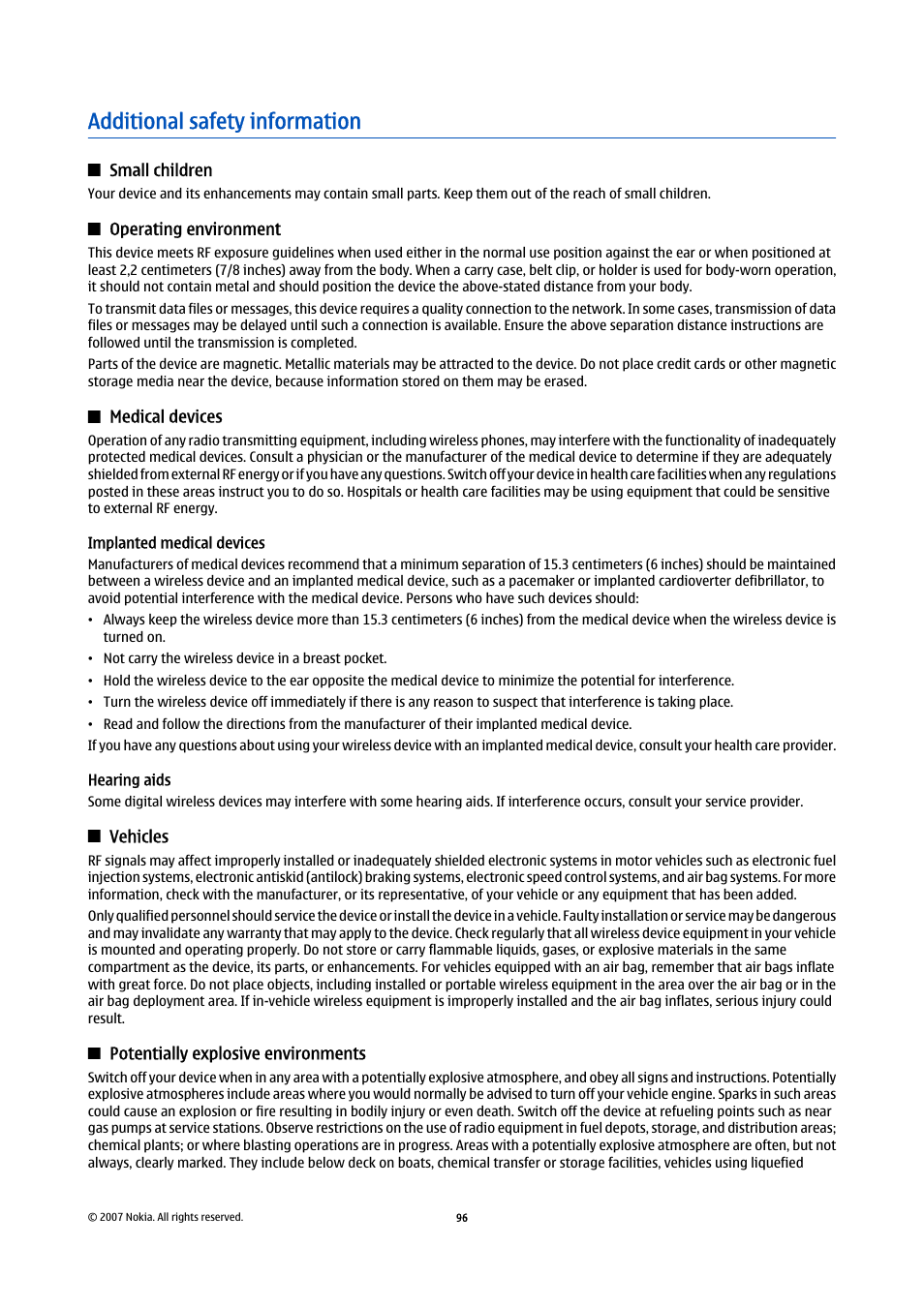 Additional safety information, Small children, Operating environment | Medical devices, Implanted medical devices, Hearing aids, Vehicles, Potentially explosive environments | Nokia E61i User Manual | Page 128 / 241