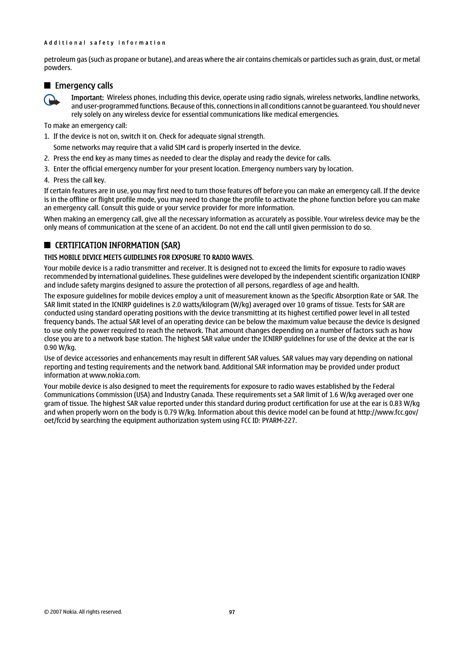 Emergency calls, Certification information (sar) | Nokia E61i User Manual | Page 129 / 241