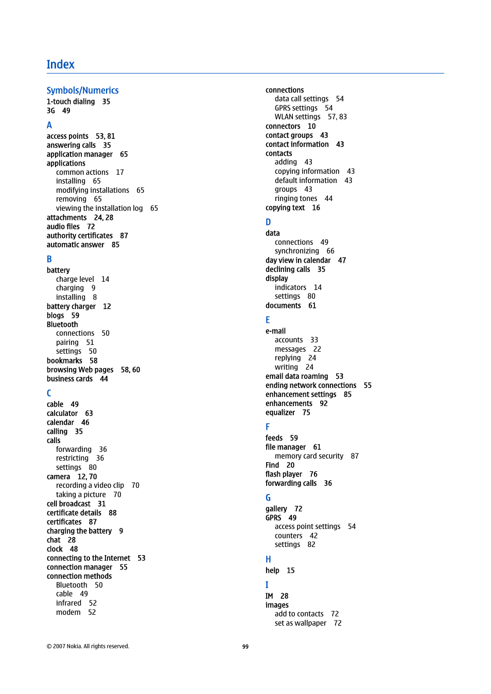 Index | Nokia E61i User Manual | Page 131 / 241