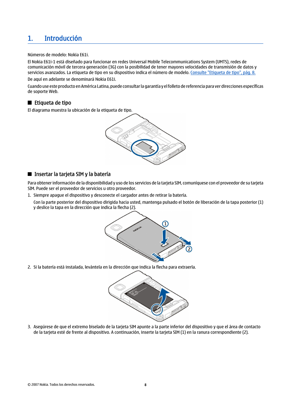 Etiqueta de tipo, Insertar la tarjeta sim y la batería, Introducción | Nokia E61i User Manual | Page 141 / 241