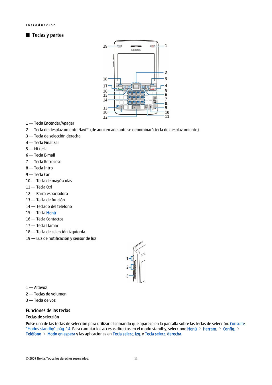 Teclas y partes, Funciones de las teclas | Nokia E61i User Manual | Page 144 / 241