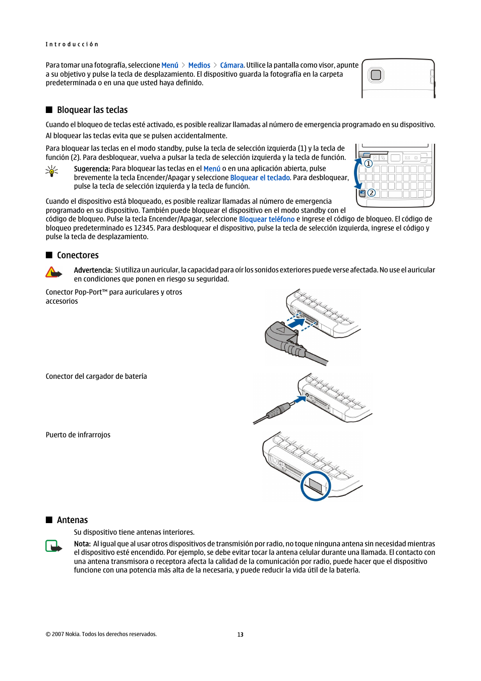 Bloquear las teclas, Conectores, Antenas | Nokia E61i User Manual | Page 146 / 241