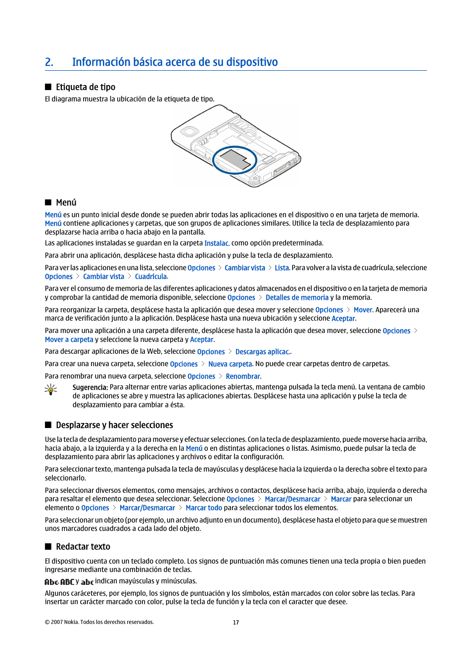 Información básica acerca de su dispositivo, Etiqueta de tipo, Menú | Desplazarse y hacer selecciones, Redactar texto | Nokia E61i User Manual | Page 150 / 241