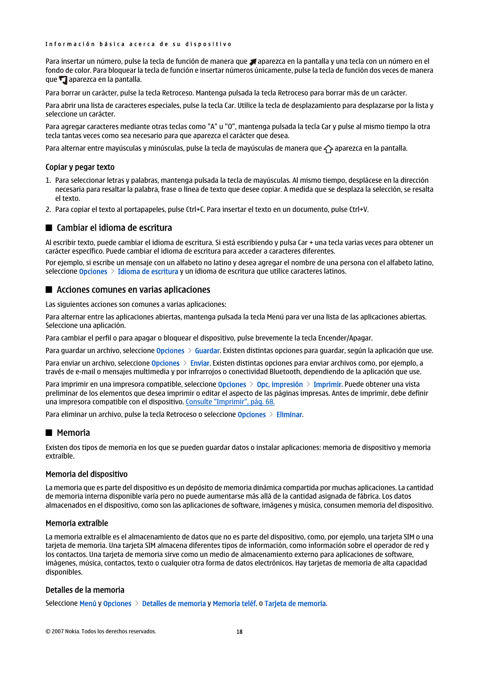 Copiar y pegar texto, Cambiar el idioma de escritura, Acciones comunes en varias aplicaciones | Memoria, Memoria del dispositivo, Memoria extraíble, Detalles de la memoria | Nokia E61i User Manual | Page 151 / 241