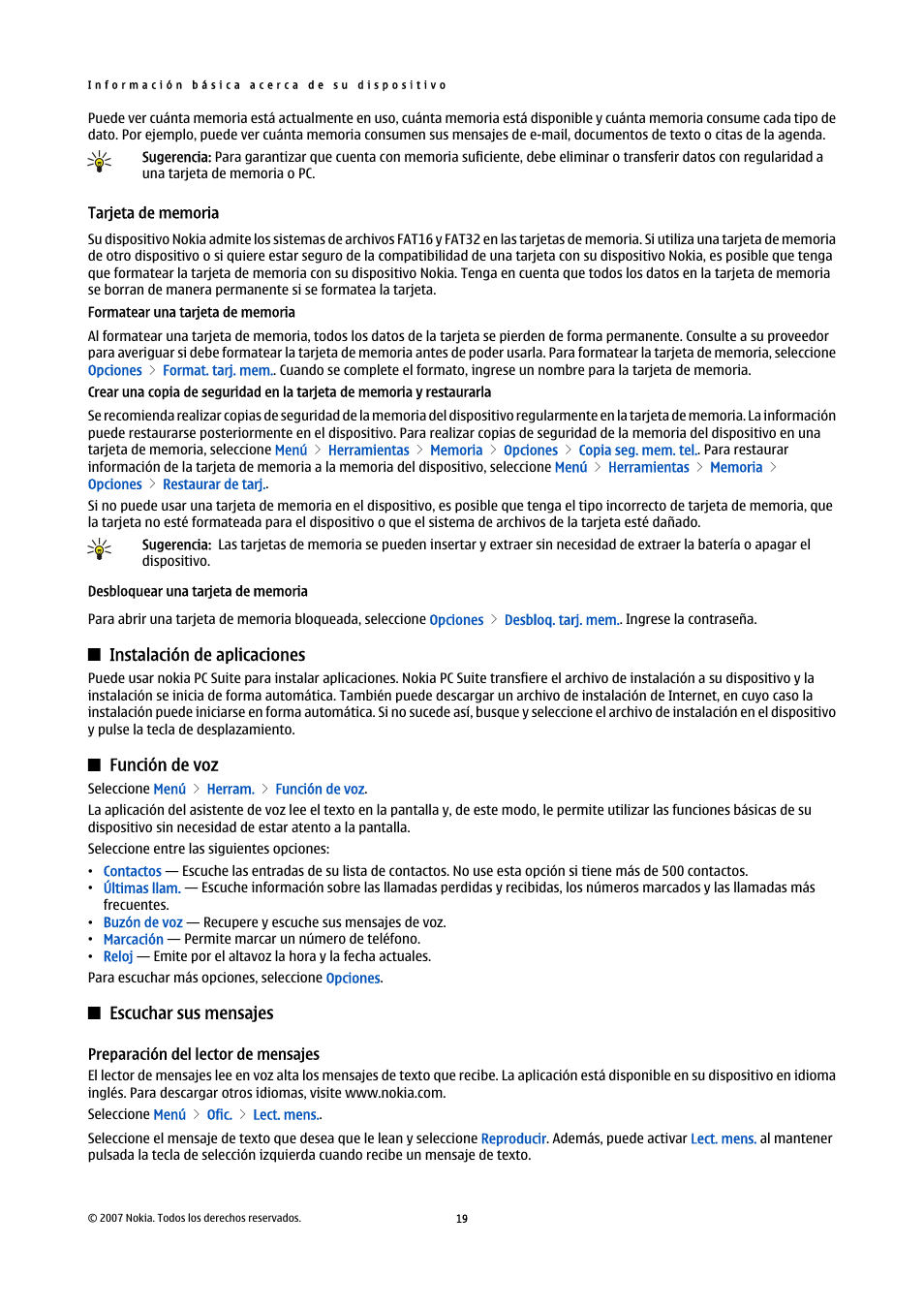 Tarjeta de memoria, Desbloquear una tarjeta de memoria, Instalación de aplicaciones | Función de voz, Escuchar sus mensajes, Preparación del lector de mensajes | Nokia E61i User Manual | Page 152 / 241