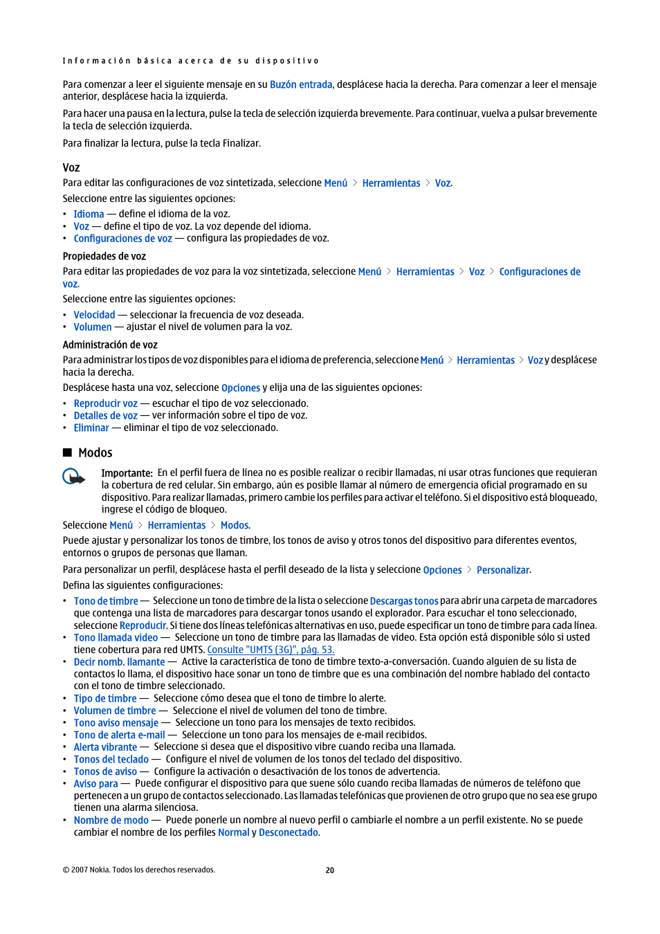 Propiedades de voz, Administración de voz, Modos | Nokia E61i User Manual | Page 153 / 241