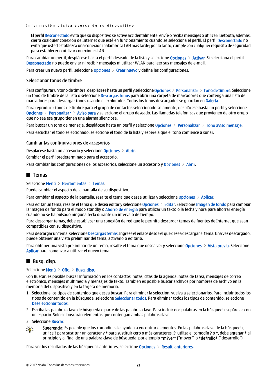 Seleccionar tonos de timbre, Cambiar las configuraciones de accesorios, Temas | Busq. disp | Nokia E61i User Manual | Page 154 / 241