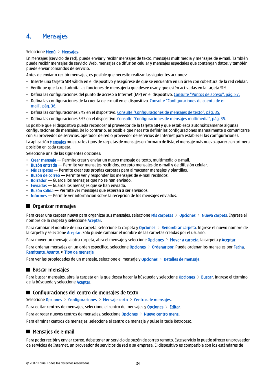 Mensajes, Organizar mensajes, Buscar mensajes | Configuraciones del centro de mensajes de texto, Mensajes de e-mail | Nokia E61i User Manual | Page 157 / 241