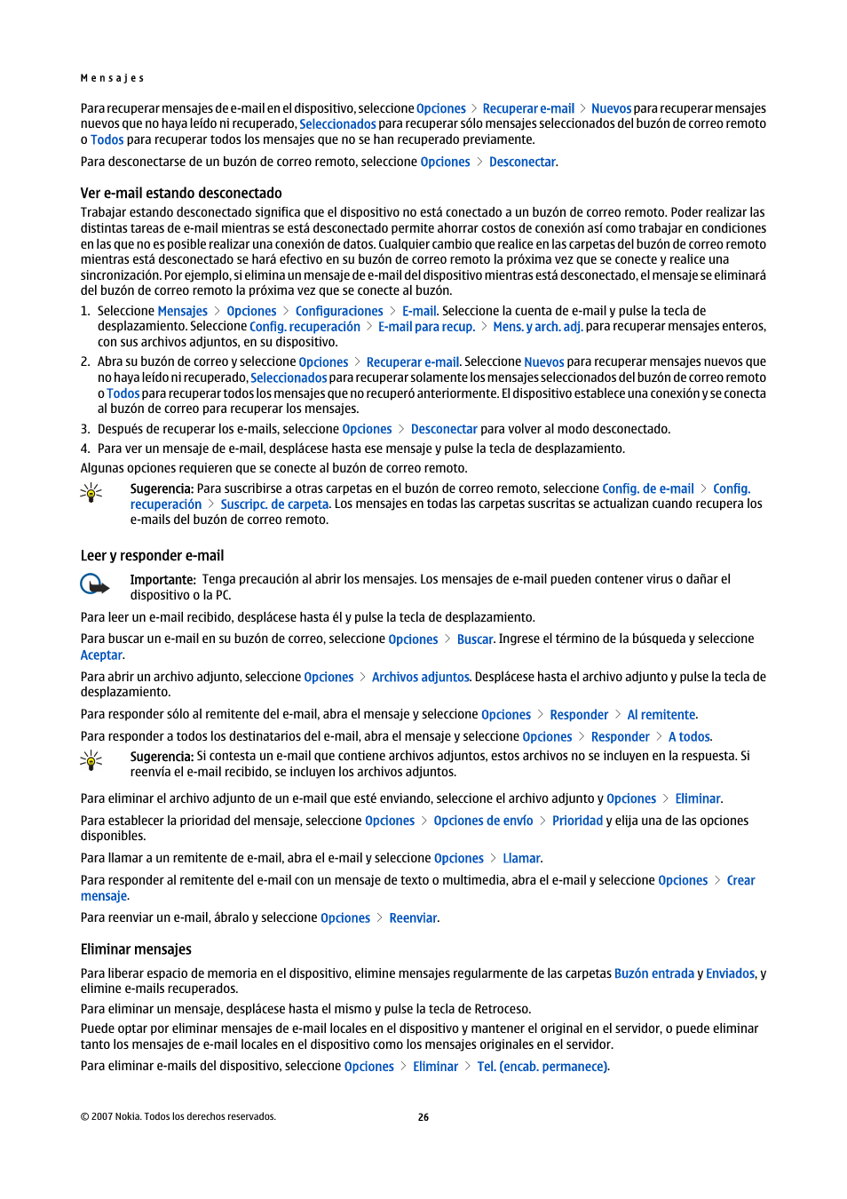 Ver e-mail estando desconectado, Leer y responder e-mail, Eliminar mensajes | Nokia E61i User Manual | Page 159 / 241