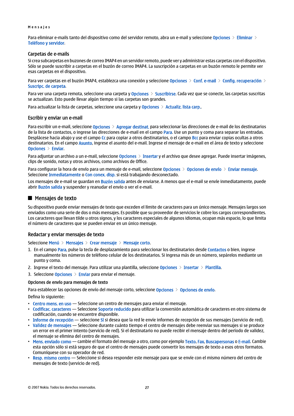 Carpetas de e-mails, Escribir y enviar un e-mail, Mensajes de texto | Redactar y enviar mensajes de texto, Opciones de envío para mensajes de texto | Nokia E61i User Manual | Page 160 / 241