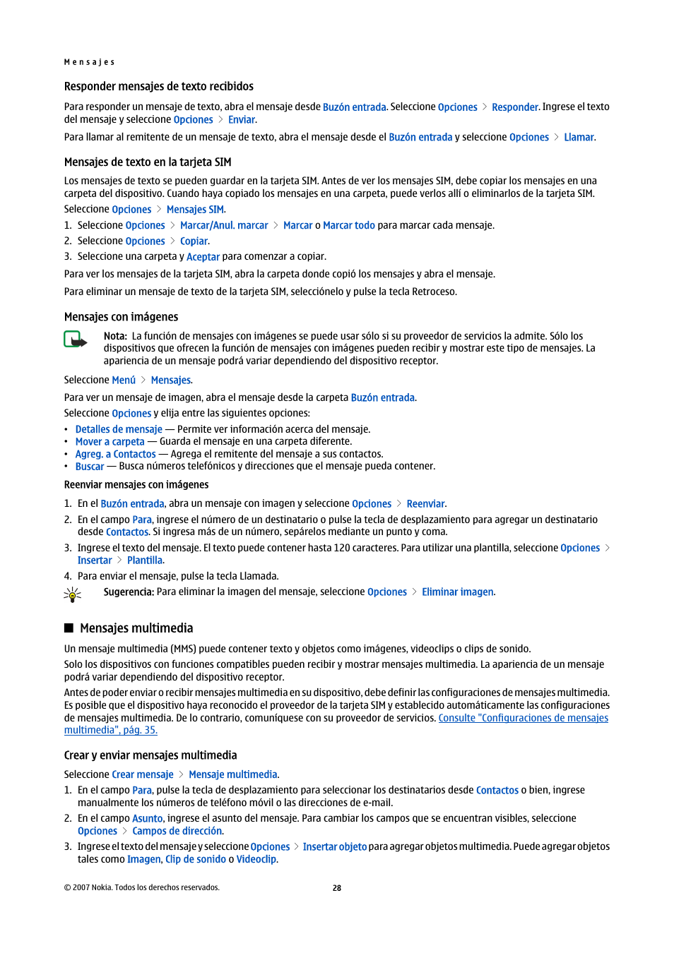 Responder mensajes de texto recibidos, Mensajes de texto en la tarjeta sim, Mensajes con imágenes | Reenviar mensajes con imágenes, Crear y enviar mensajes multimedia | Nokia E61i User Manual | Page 161 / 241
