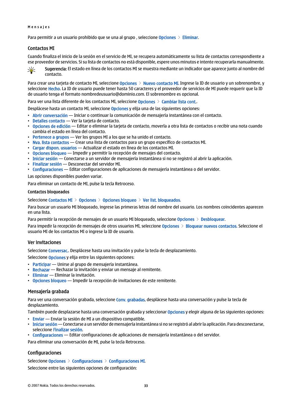 Contactos mi, Contactos bloqueados, Ver invitaciones | Mensajería grabada, Configuraciones | Nokia E61i User Manual | Page 166 / 241