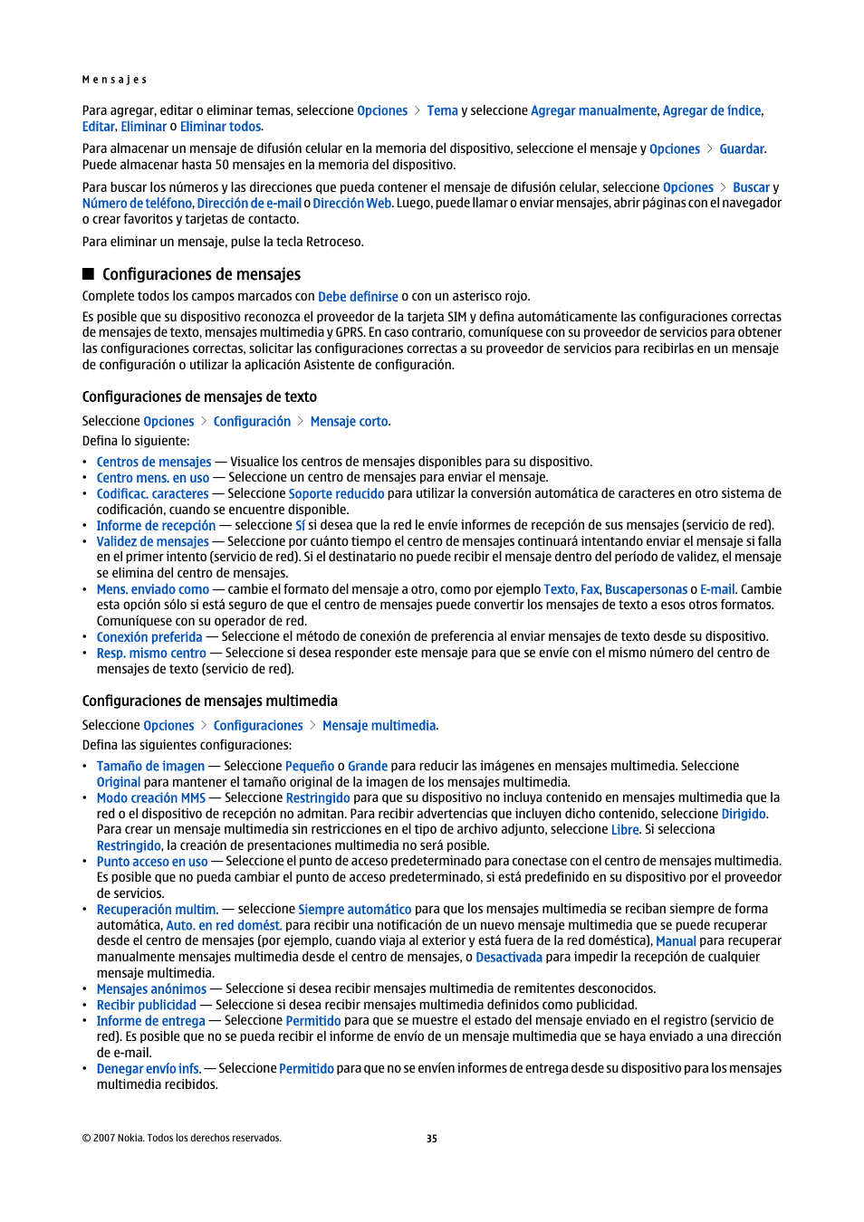 Configuraciones de mensajes, Configuraciones de mensajes de texto, Configuraciones de mensajes multimedia | Nokia E61i User Manual | Page 168 / 241