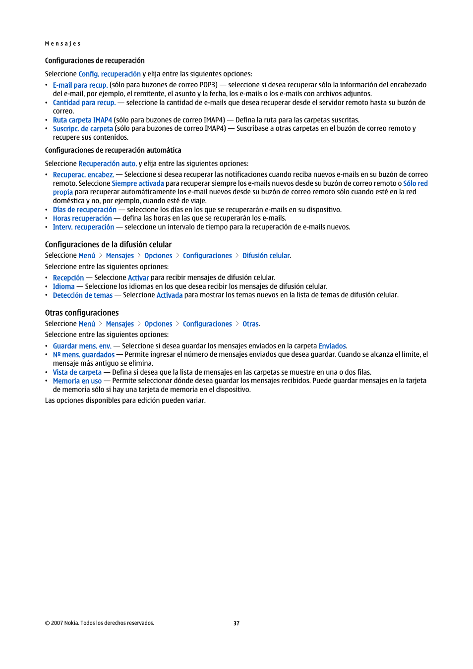 Configuraciones de recuperación, Configuraciones de recuperación automática, Configuraciones de la difusión celular | Otras configuraciones | Nokia E61i User Manual | Page 170 / 241