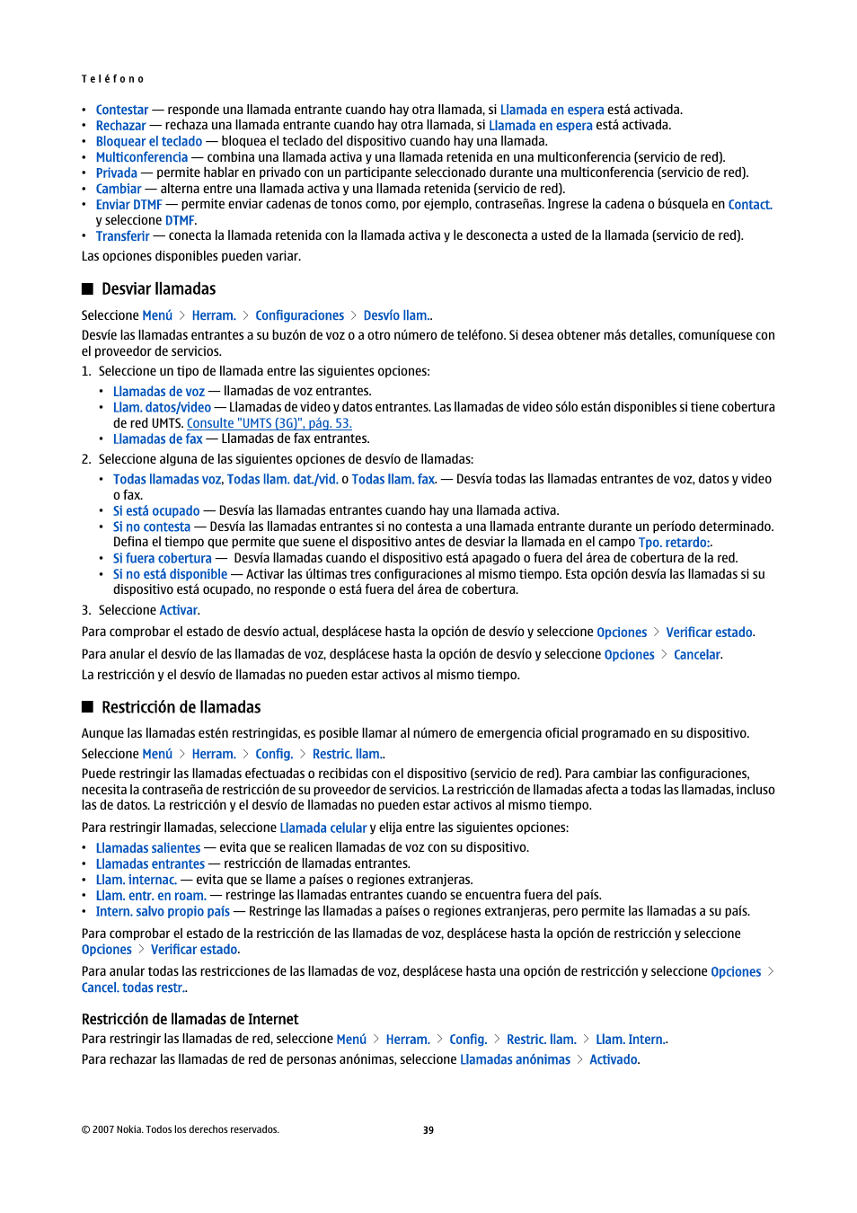 Desviar llamadas, Restricción de llamadas, Restricción de llamadas de internet | Nokia E61i User Manual | Page 172 / 241