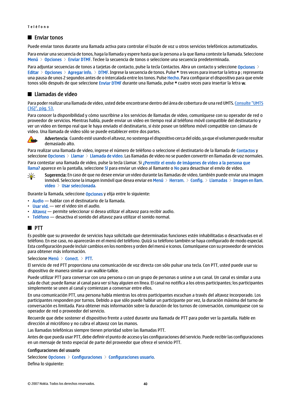 Enviar tonos, Llamadas de video, Configuraciones del usuario | Nokia E61i User Manual | Page 173 / 241