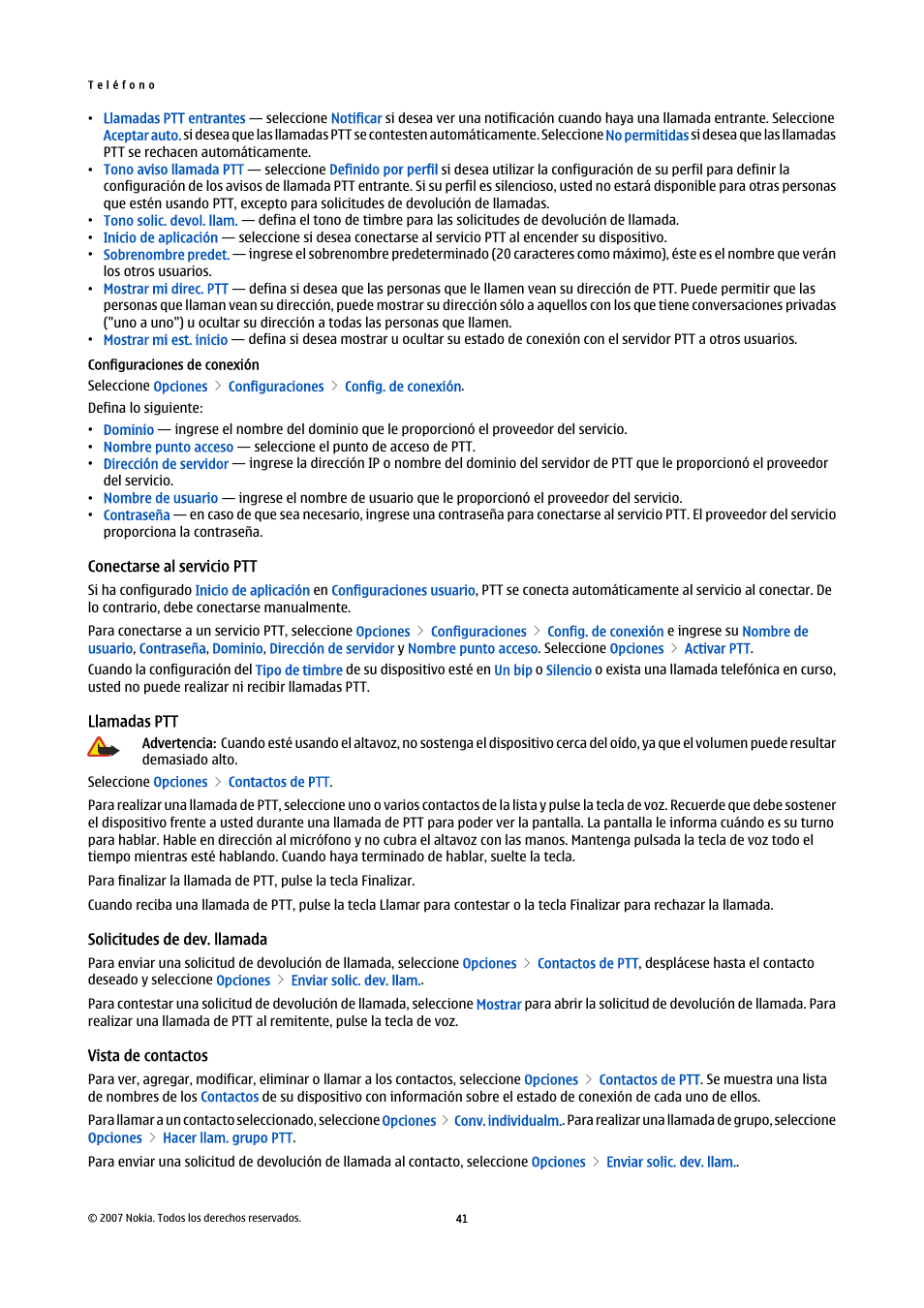 Configuraciones de conexión, Conectarse al servicio ptt, Llamadas ptt | Solicitudes de dev. llamada, Vista de contactos | Nokia E61i User Manual | Page 174 / 241