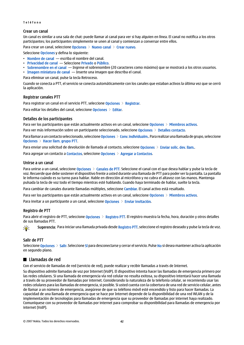 Crear un canal, Registrar canales ptt, Detalles de los participantes | Unirse a un canal, Registro de ptt, Salir de ptt, Llamadas de red | Nokia E61i User Manual | Page 175 / 241