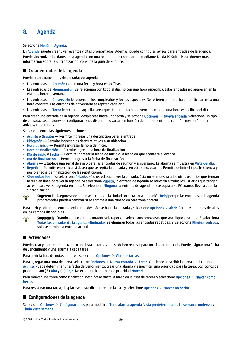 Agenda, Crear entradas de la agenda, Actividades | Configuraciones de la agenda | Nokia E61i User Manual | Page 183 / 241