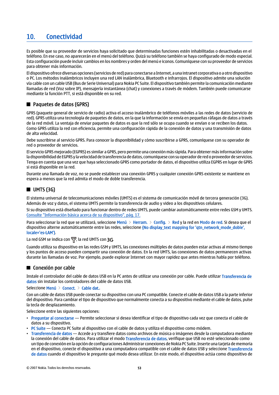 Paquetes de datos (gprs), Umts (3g), Conexión por cable | Conectividad | Nokia E61i User Manual | Page 186 / 241