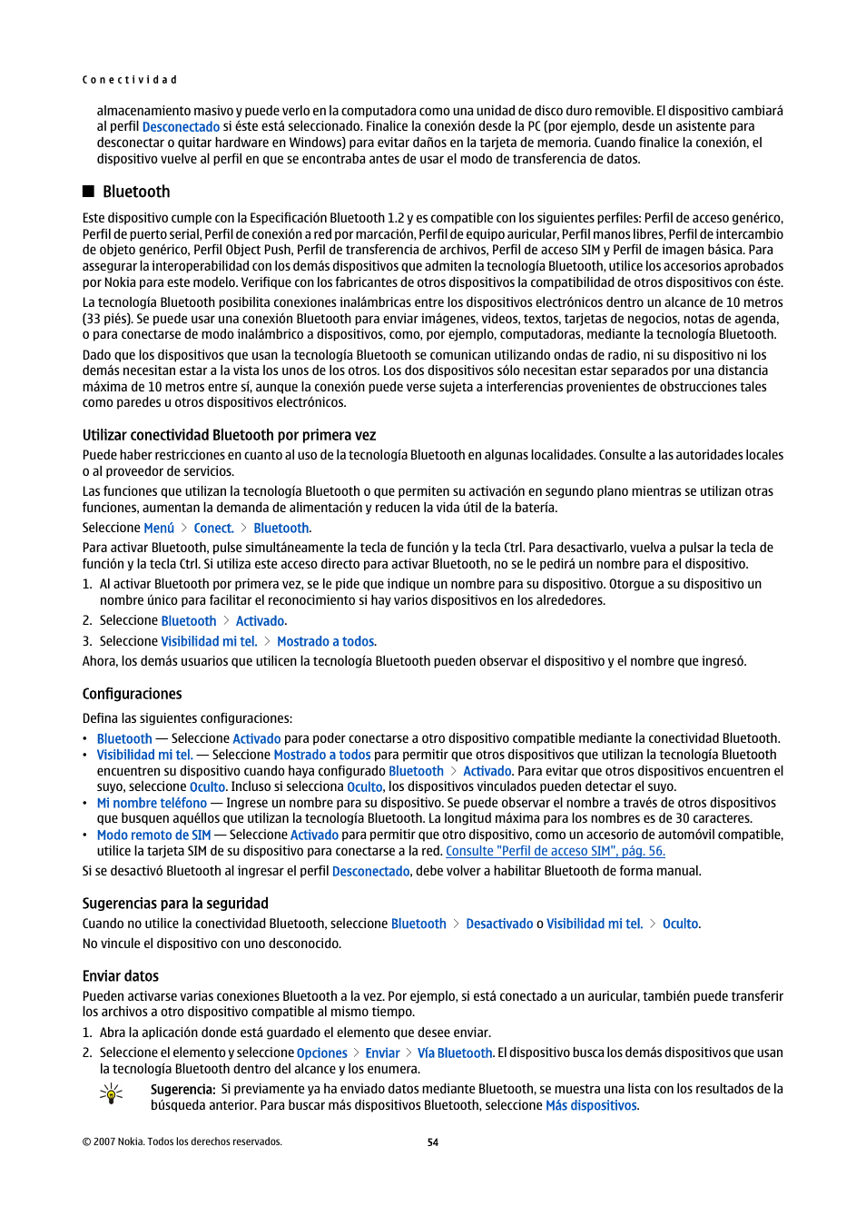 Bluetooth, Utilizar conectividad bluetooth por primera vez, Configuraciones | Sugerencias para la seguridad, Enviar datos | Nokia E61i User Manual | Page 187 / 241