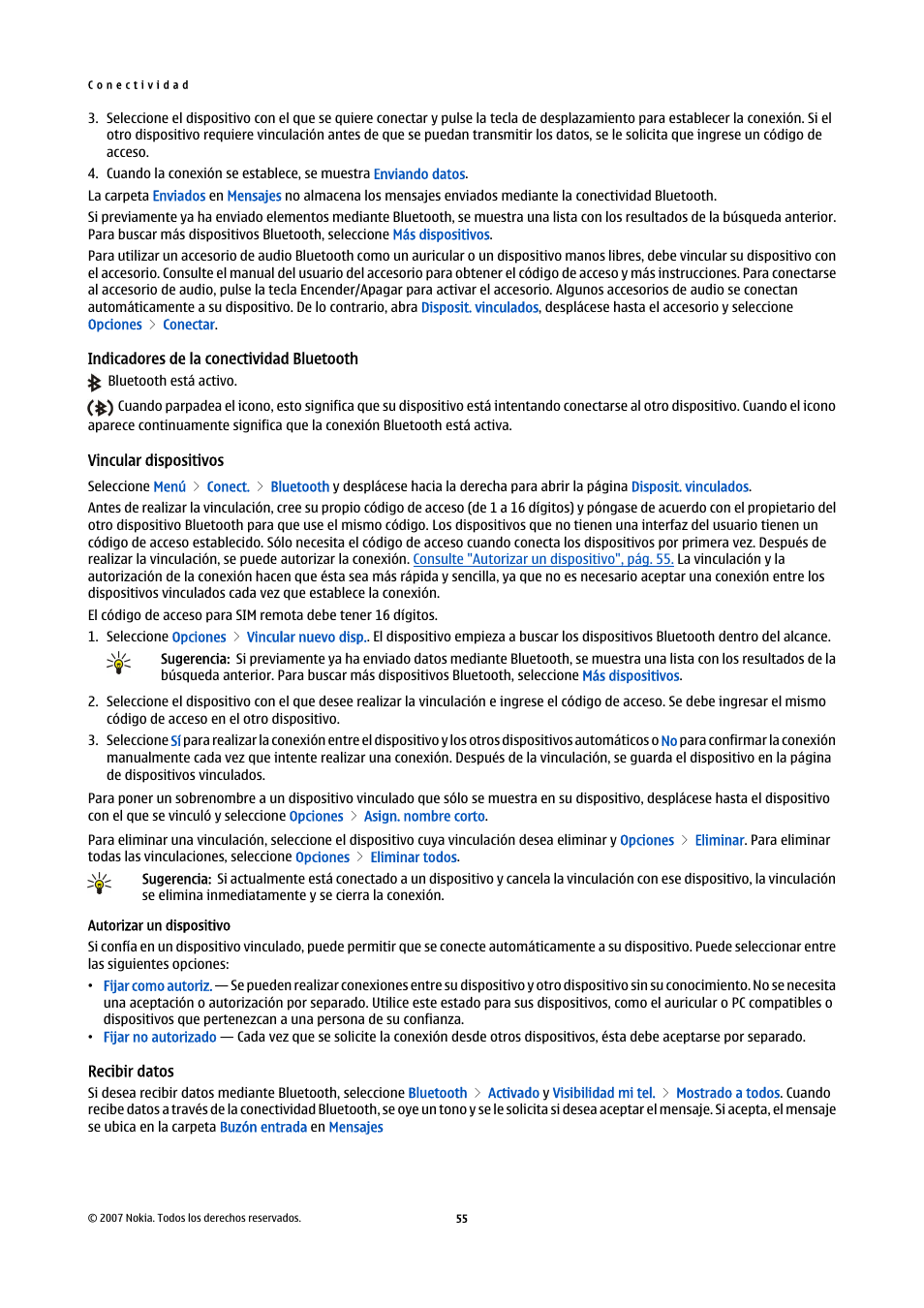 Vincular dispositivos, Autorizar un dispositivo, Recibir datos | Nokia E61i User Manual | Page 188 / 241