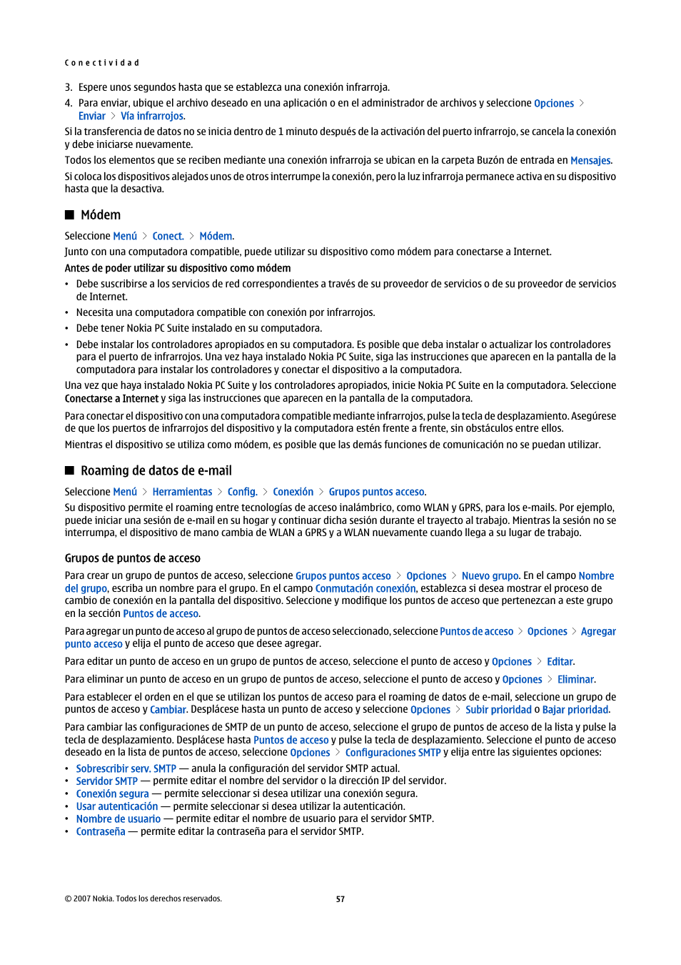 Módem, Roaming de datos de e-mail, Grupos de puntos de acceso | Nokia E61i User Manual | Page 190 / 241