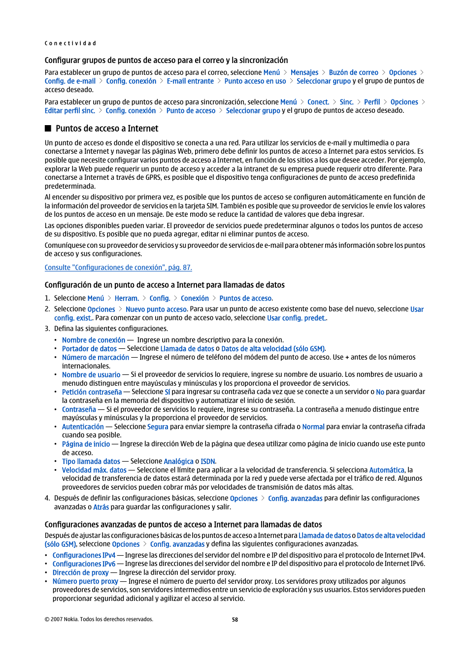 Sincronización, Puntos de acceso a internet, Llamadas de datos | Para llamadas de datos | Nokia E61i User Manual | Page 191 / 241