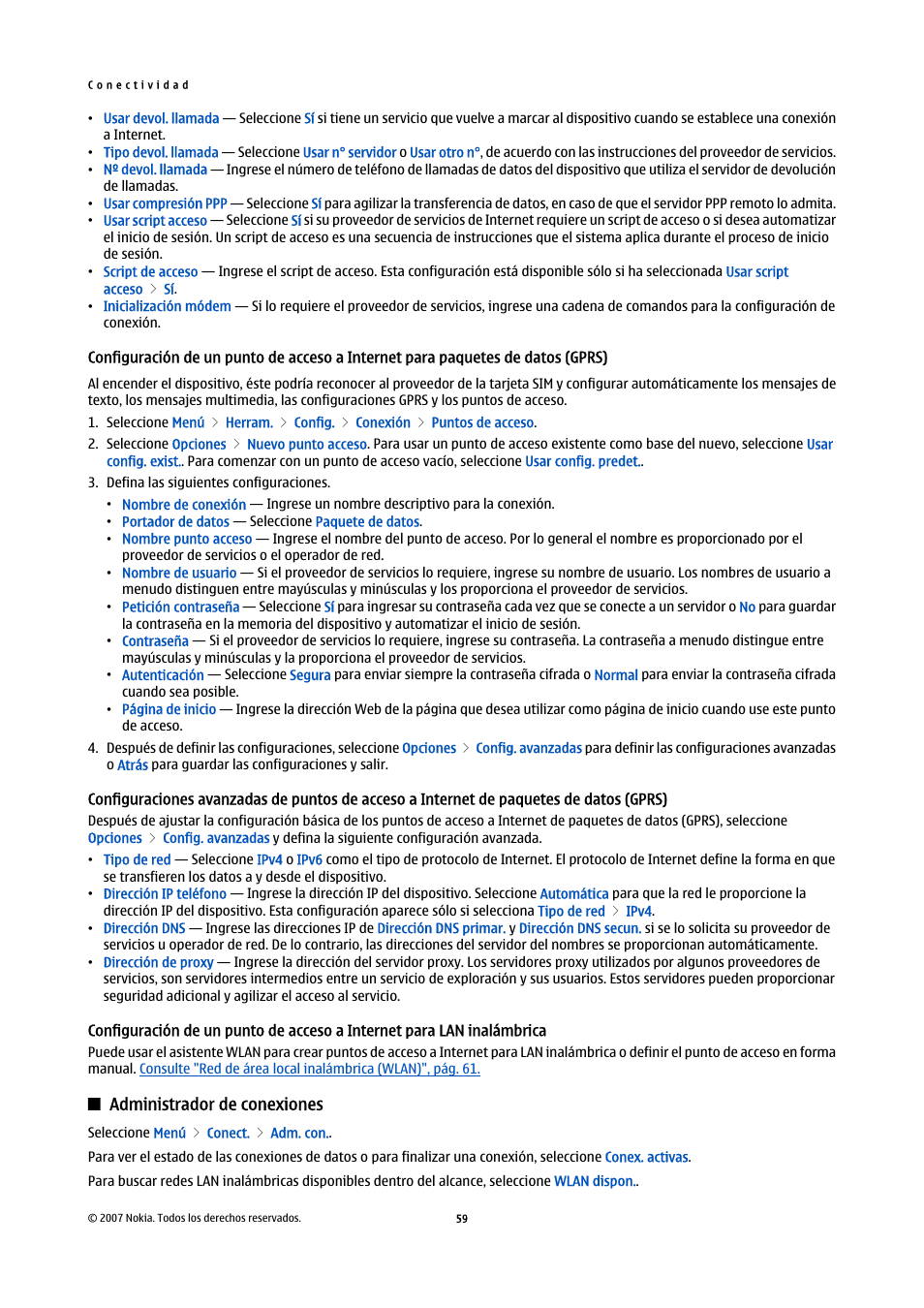 Paquetes de datos (gprs), De paquetes de datos (gprs), Inalámbrica | Administrador de conexiones | Nokia E61i User Manual | Page 192 / 241