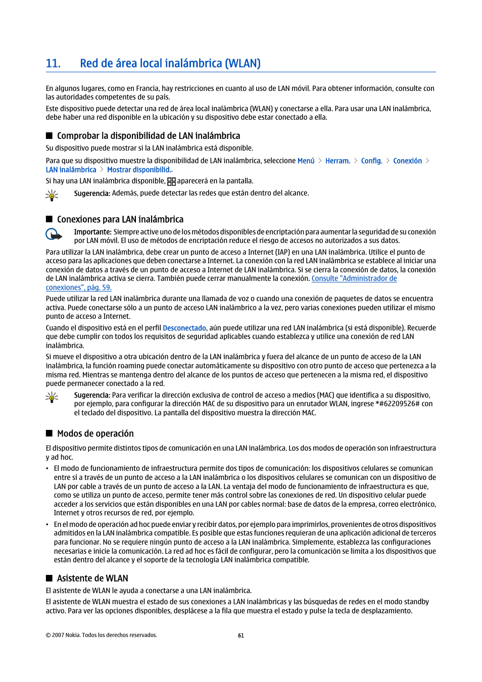 Red de área local inalámbrica (wlan), Comprobar la disponibilidad de lan inalámbrica, Conexiones para lan inalámbrica | Nokia E61i User Manual | Page 194 / 241