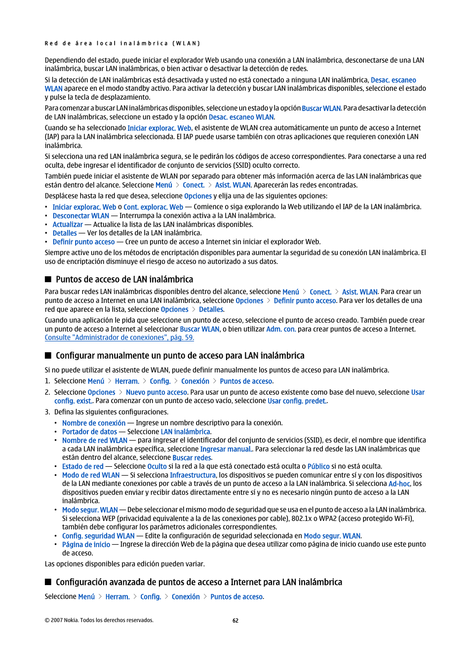 Puntos de acceso de lan inalámbrica, Configurar manualmente un punto de acceso para lan, Inalámbrica | Lan inalámbrica | Nokia E61i User Manual | Page 195 / 241