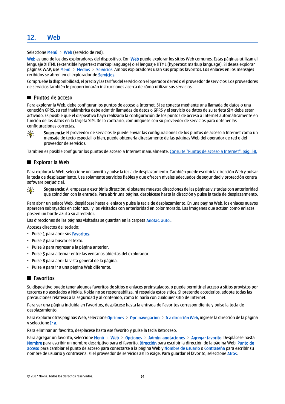 Puntos de acceso, Explorar la web, Favoritos | Nokia E61i User Manual | Page 197 / 241