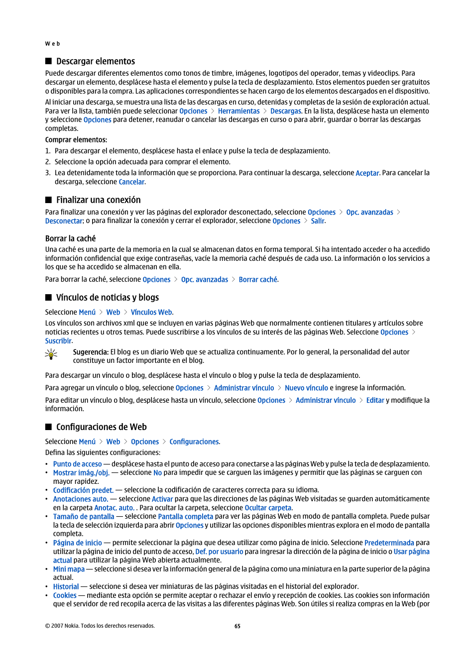 Descargar elementos, Finalizar una conexión, Borrar la caché | Vínculos de noticias y blogs | Nokia E61i User Manual | Page 198 / 241