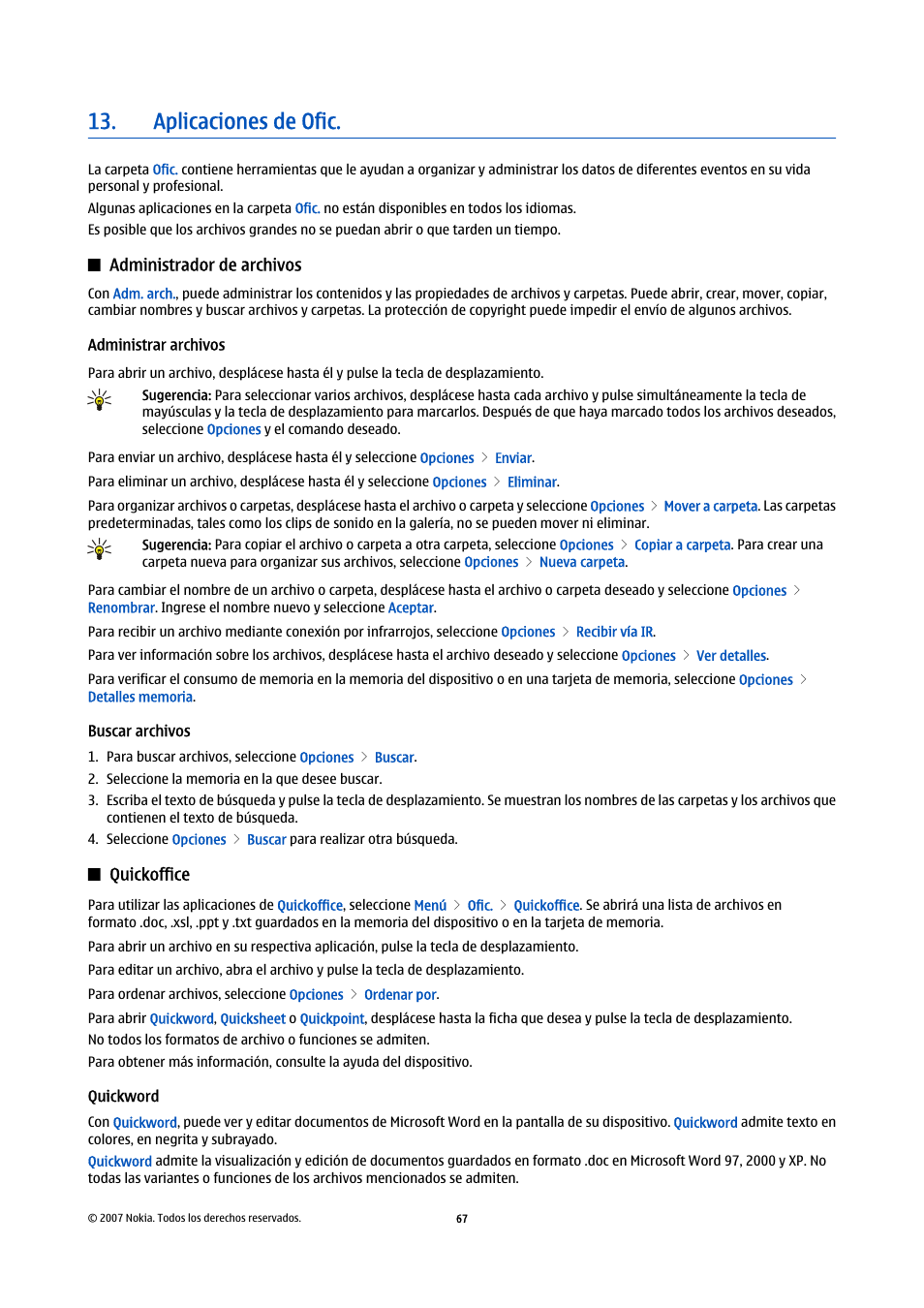 Aplicaciones de ofic, Administrador de archivos, Administrar archivos | Buscar archivos, Quickoffice, Quickword | Nokia E61i User Manual | Page 200 / 241