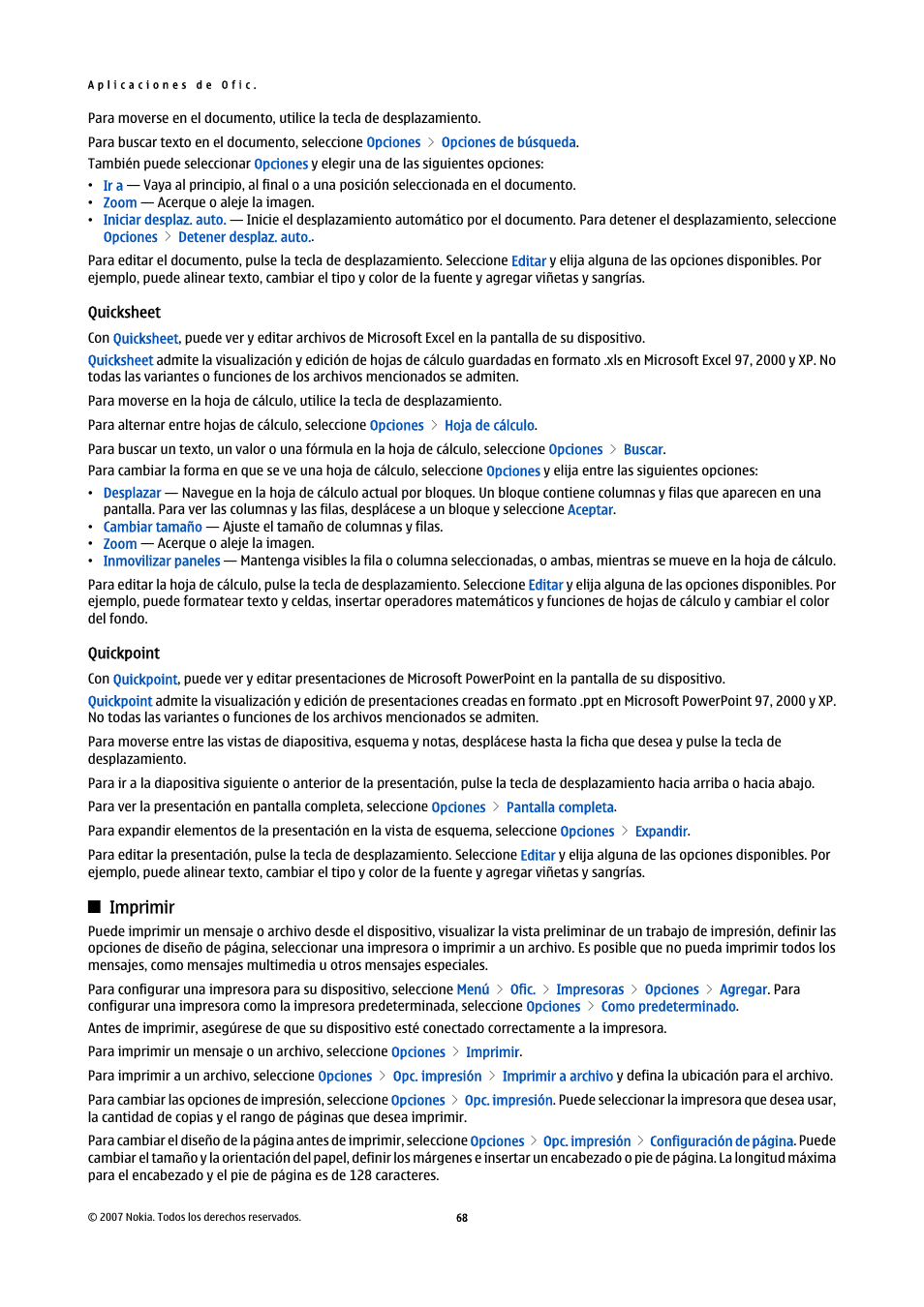 Quicksheet, Quickpoint, Imprimir | Nokia E61i User Manual | Page 201 / 241