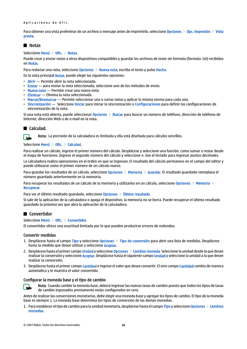 Notas, Calculad, Convertidor | Convertir medidas, Configurar la moneda base y el tipo de cambio | Nokia E61i User Manual | Page 202 / 241