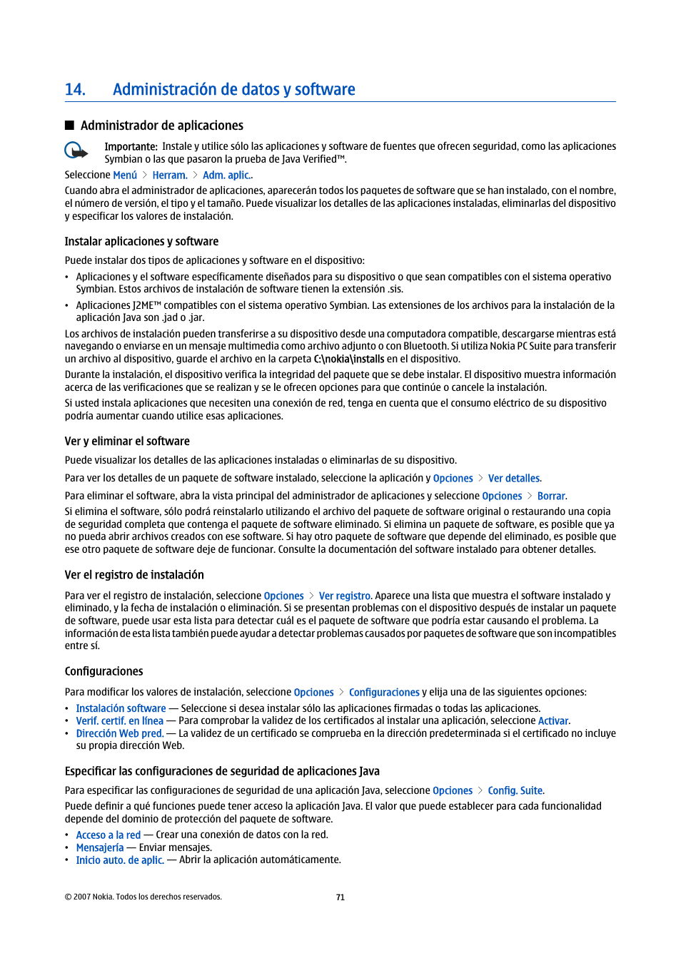 Administración de datos y software, Administrador de aplicaciones, Instalar aplicaciones y software | Ver y eliminar el software, Configuraciones, Java | Nokia E61i User Manual | Page 204 / 241