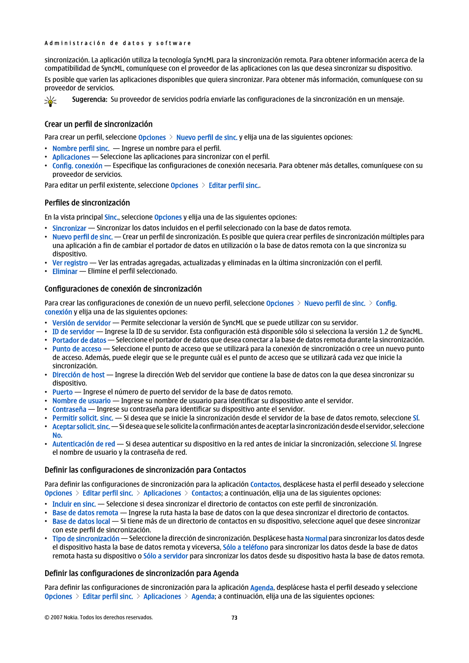 Crear un perfil de sincronización, Perfiles de sincronización, Configuraciones de conexión de sincronización | Definir las configuraciones de sincronización para, Contactos, Agenda | Nokia E61i User Manual | Page 206 / 241