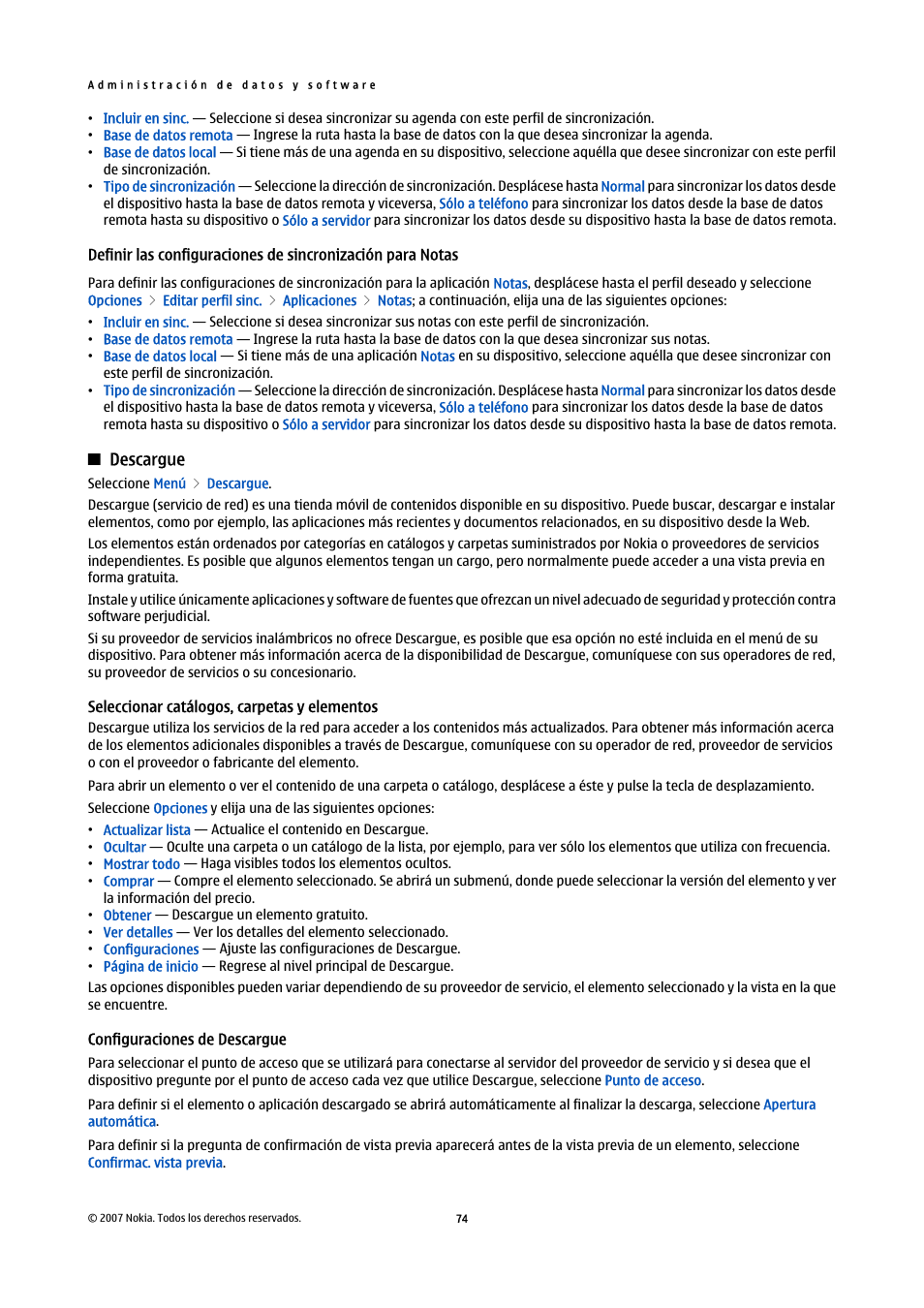 Definir las configuraciones de sincronización para, Notas, Descargue | Seleccionar catálogos, carpetas y elementos, Configuraciones de descargue | Nokia E61i User Manual | Page 207 / 241