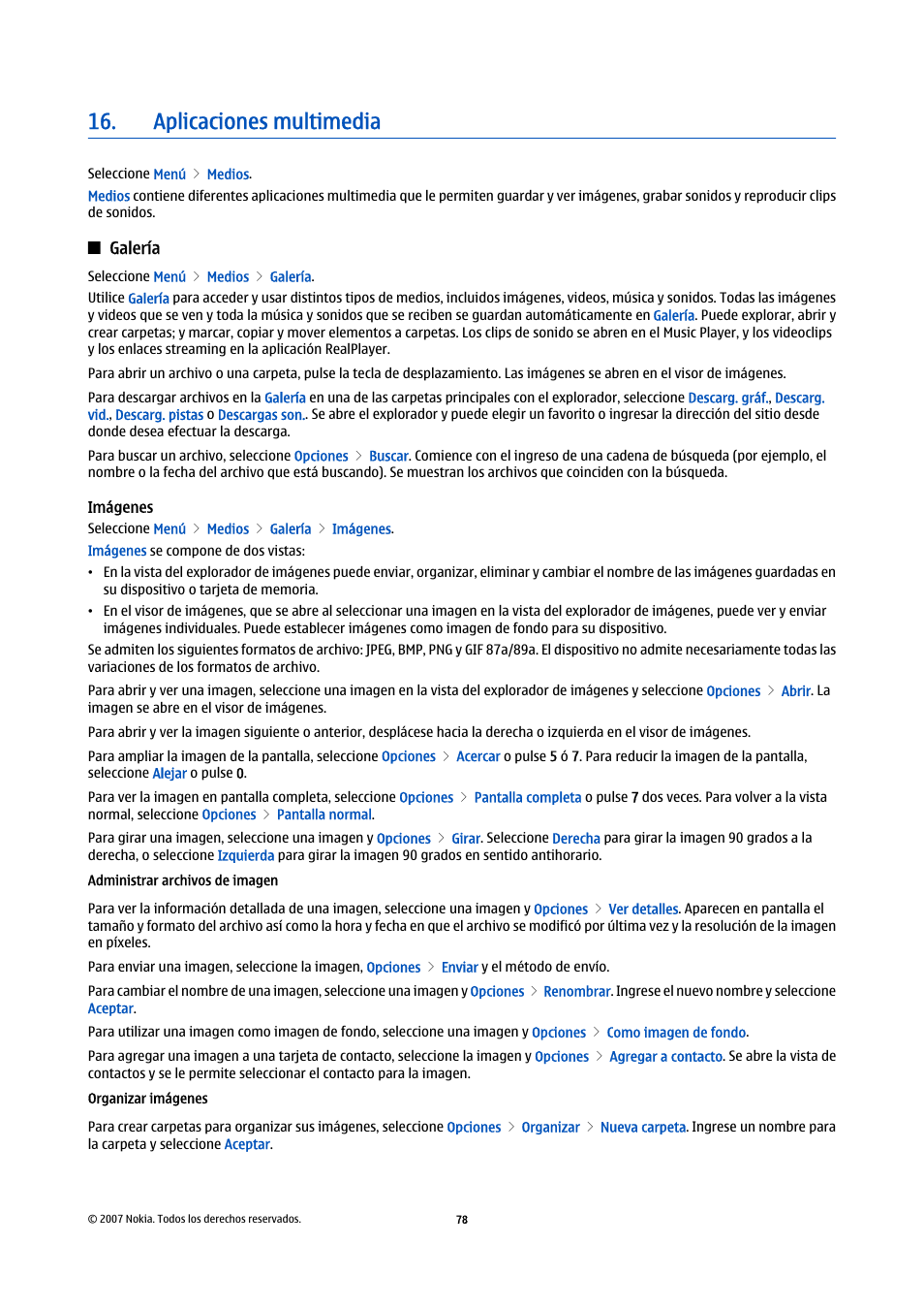 Aplicaciones multimedia, Galería, Imágenes | Administrar archivos de imagen, Organizar imágenes | Nokia E61i User Manual | Page 211 / 241